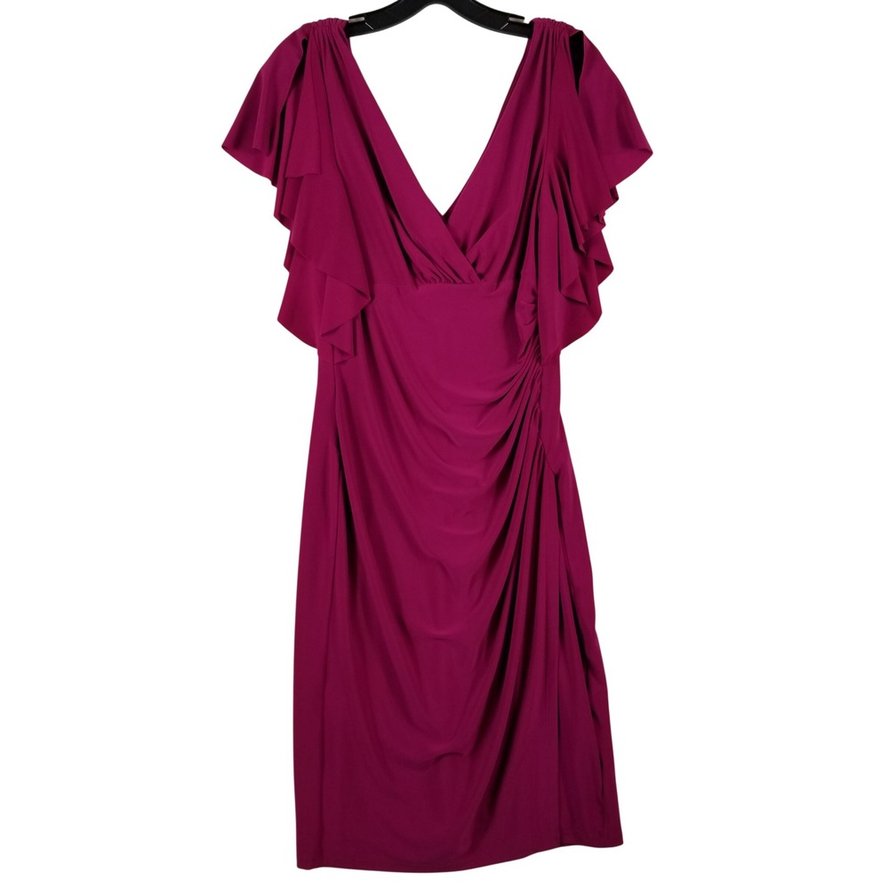 Lauren Ralph Lauren Magenta Pink Ruffle Sleeve Ruched Sheath Dress Womens 10